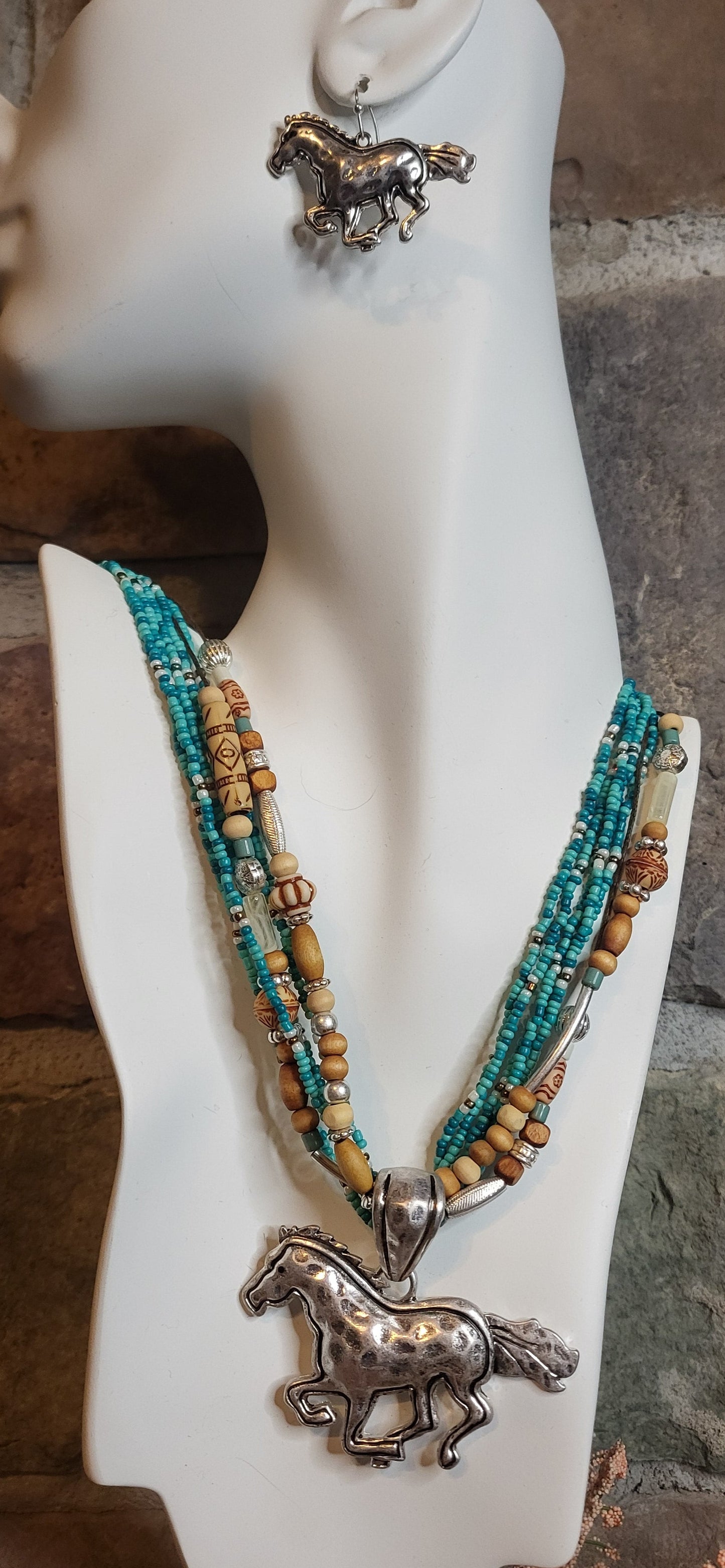 White Turquoise Navajo Bead Horse Pendant Necklace