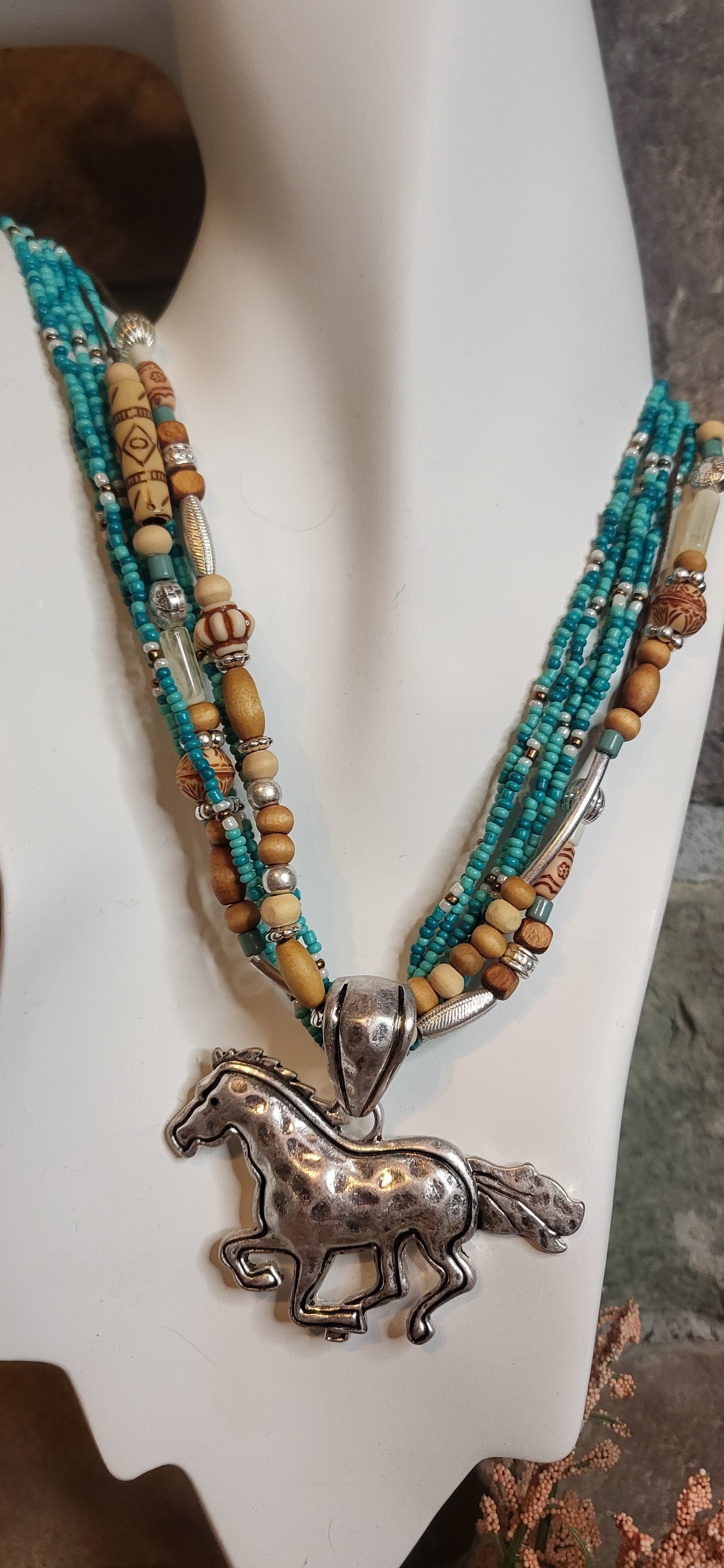 White Turquoise Navajo Bead Horse Pendant Necklace