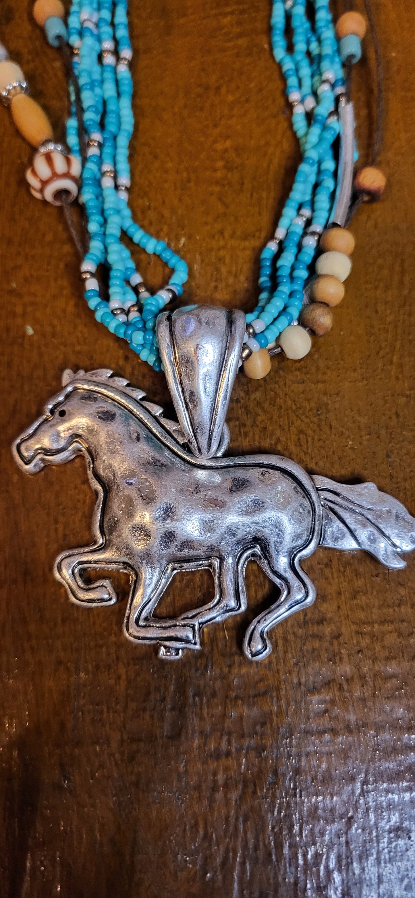 White Turquoise Navajo Bead Horse Pendant Necklace