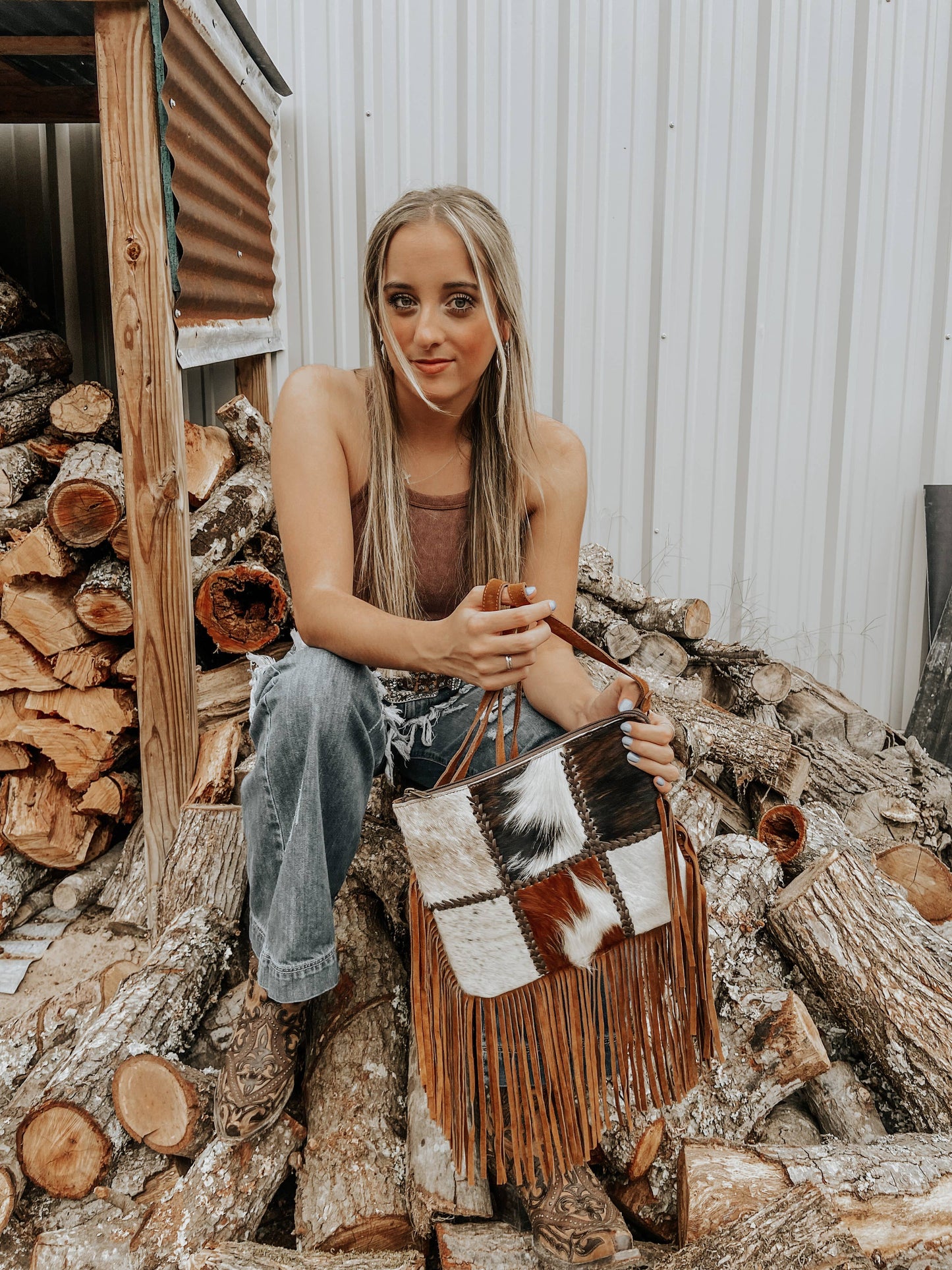 Chesney Patchwork Cowhide Fringe Western Purse